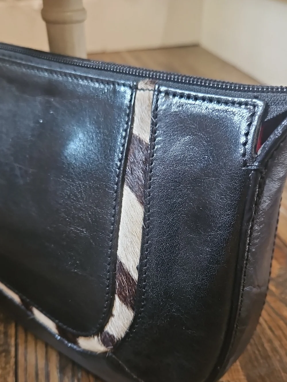 Claudia Pirenze Italian Leather /‎ Calf Hair Black Clutch with Zebra-Trim Accent